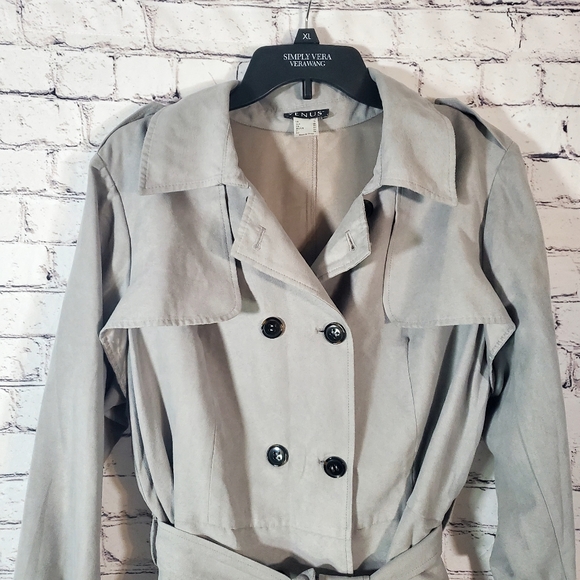 Venus Faux Suede HiLo Asymmetrical Peplum Trench Coat Gray Belted Size 16 - Picture 2 of 16
